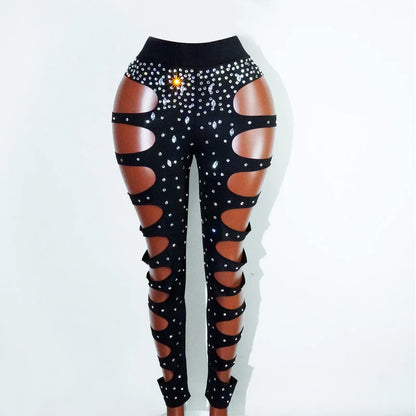 rhinestHollow Out Sexy Black Women Bodysuit pants Sets Long Sleeve Turtleneck Bodysuits Clubwear Costumes Stars Hot Singer Stage