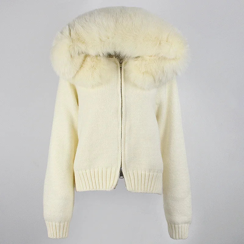 Coat Women Cardigan Natural Fox Fur Coat Women Real Mongolian Fur Knitwear Female Spring Autumn Hooded Knitted Fur Jacket