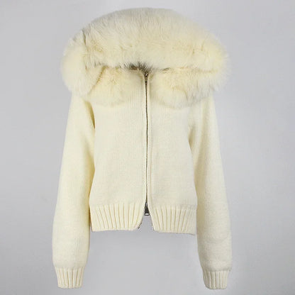 Coat Women Cardigan Natural Fox Fur Coat Women Real Mongolian Fur Knitwear Female Spring Autumn Hooded Knitted Fur Jacket