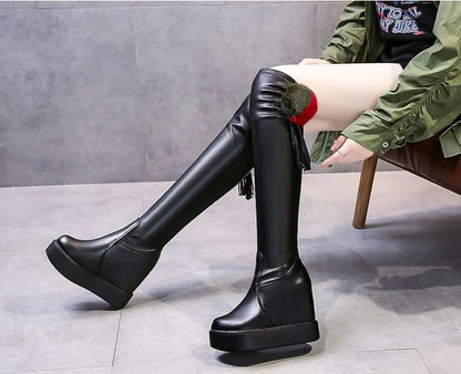 Knee Thigh High New In Women's Boots Genuine Leather Fur Long Shoes for Women Winter 2025 Wedges Chunky Platform Heeled Black