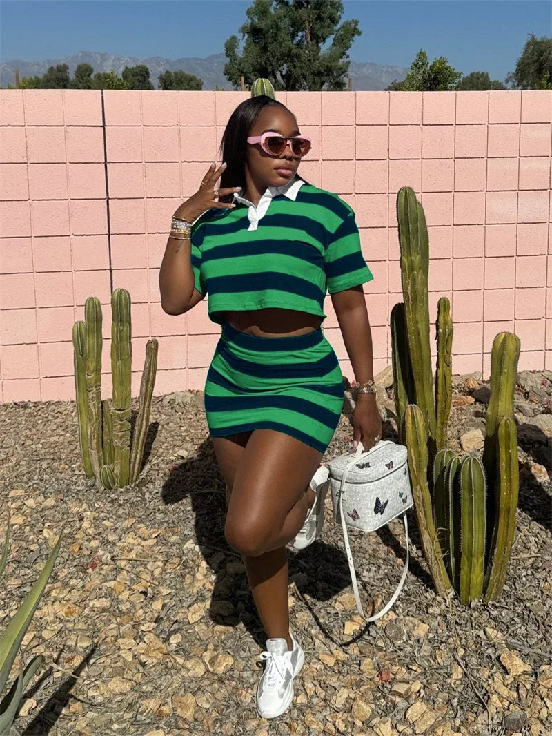 Sporty Fitness Striped Print 2 Pieces Set for Woman Streetwear Casual Turn-down Collar Shirt Crop Top and Mini Skirt Sets Summer