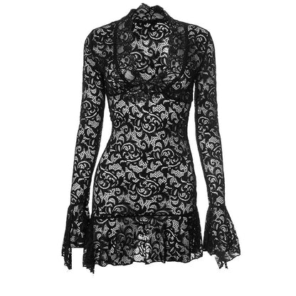 Spring  Sexy V-Neck Lace Dress with Pleated Edge See-through Short Skirt for Women European And American Cross-Border Fashion