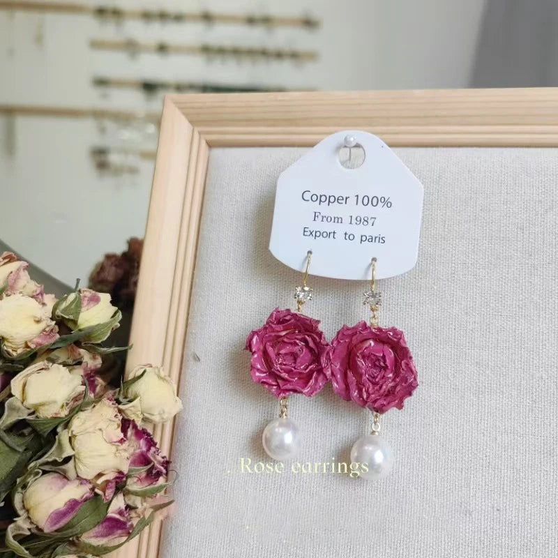 Unique Immortal Flower Earrings Elegant Natural Flower Pearl Drop Earrings Statement Jewelry Epoxy Resin Real Rose Earring 2024