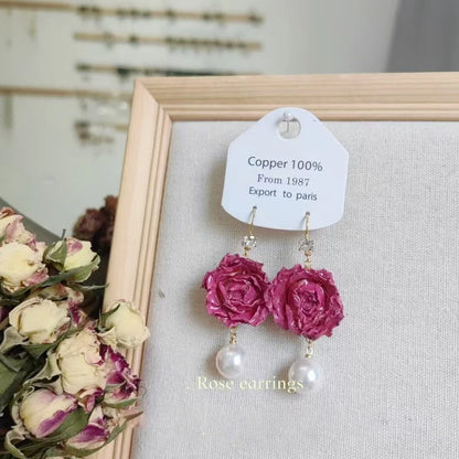 Unique Immortal Flower Earrings Elegant Natural Flower Pearl Drop Earrings Statement Jewelry Epoxy Resin Real Rose Earring 2024