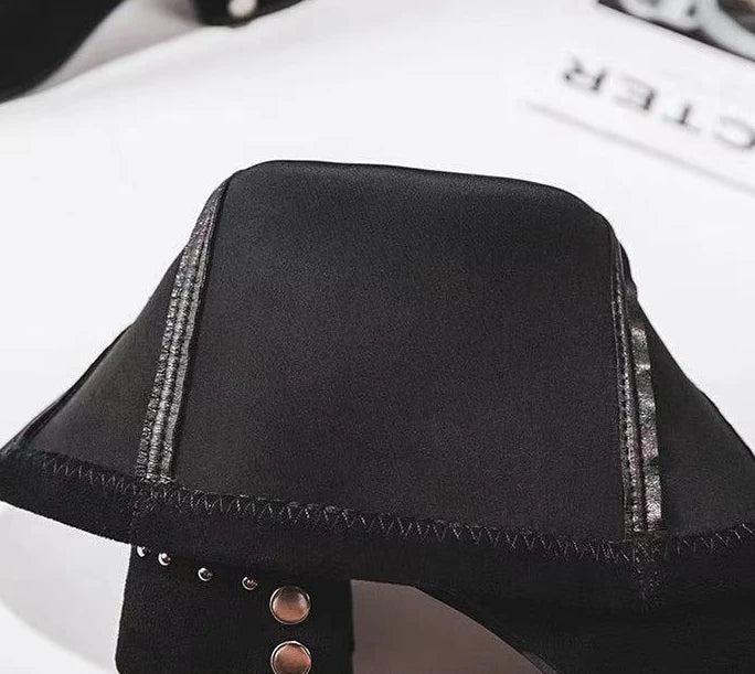 Mid Calf Round Toe Black Shoes For Women Ladies Boots Biker Footwear Studded Half High Gothic Hot Stylish And Low Price Pu