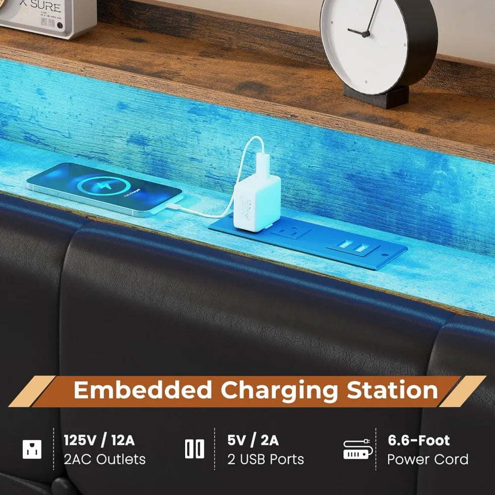 King Size Bed Frame w 4 Storage Drawers,Charging Station and LED Lights,Upholstered Bed Frame w Button Tufted Wingback Headboard