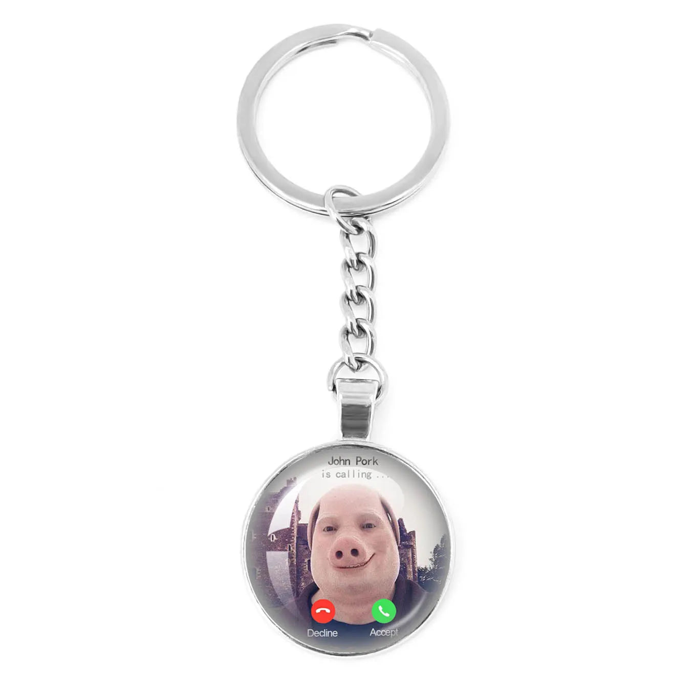 New John Pork Is Calling Answer Call Phone Humor Funny Pig Lover Graphic Meme Glass Dome Pendant Cabochon Keychain Jewelry Gifts