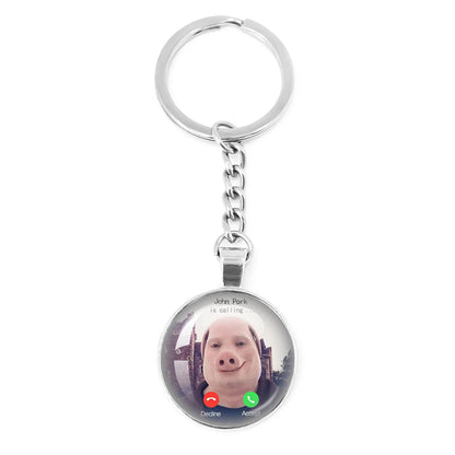 New John Pork Is Calling Answer Call Phone Humor Funny Pig Lover Graphic Meme Glass Dome Pendant Cabochon Keychain Jewelry Gifts