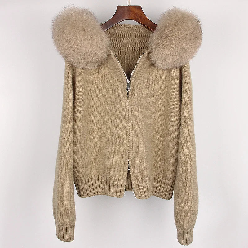 OFTBUY Real Fox Fur Kintwear Women 2025 New Spring Autumn Hooded Sweater Female Loose Zipper Kintted Jacket Oversized Cardigan