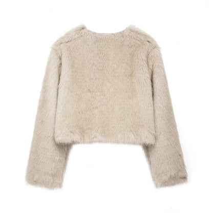 HH Women Winter Fashion Artificial Fur Effect Short Jacket Coats Female O-Neck Vintage Long Sleeve Loose Warm Top Streetwear