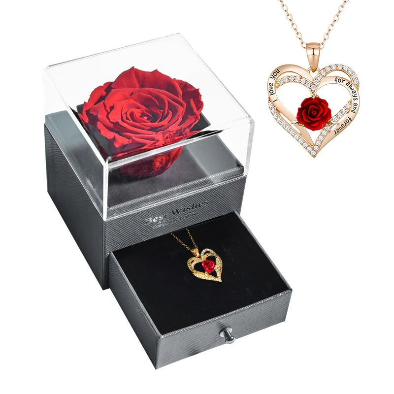 New Fashion Pendant Necklace In Rose Flower Jewelry Gift Box Preserved Rose Necklace Set Wedding Christmas Gift for Girlfriend