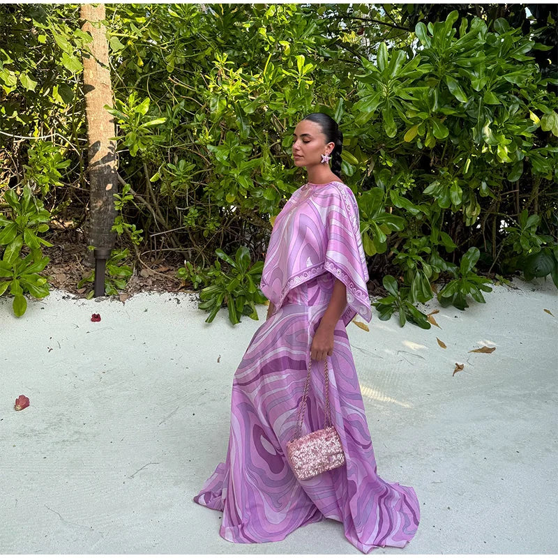 Geometric Print Cape Women's Set Loose Batwing Sleeve Top Flowy Maxi Skirt 2025 Summer Elegant Suit Holiday Fashion Lady Sets