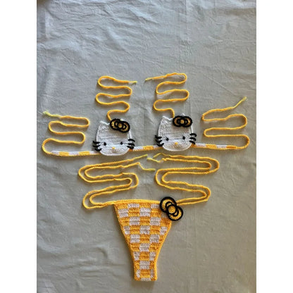 Cute Crochet Bikini Set 2 Pieces Lady's Bathing Suits Sexy Micro Bikinis Ties Swimsuit Thong Swimwear Kwaii Womens Swimming Suit