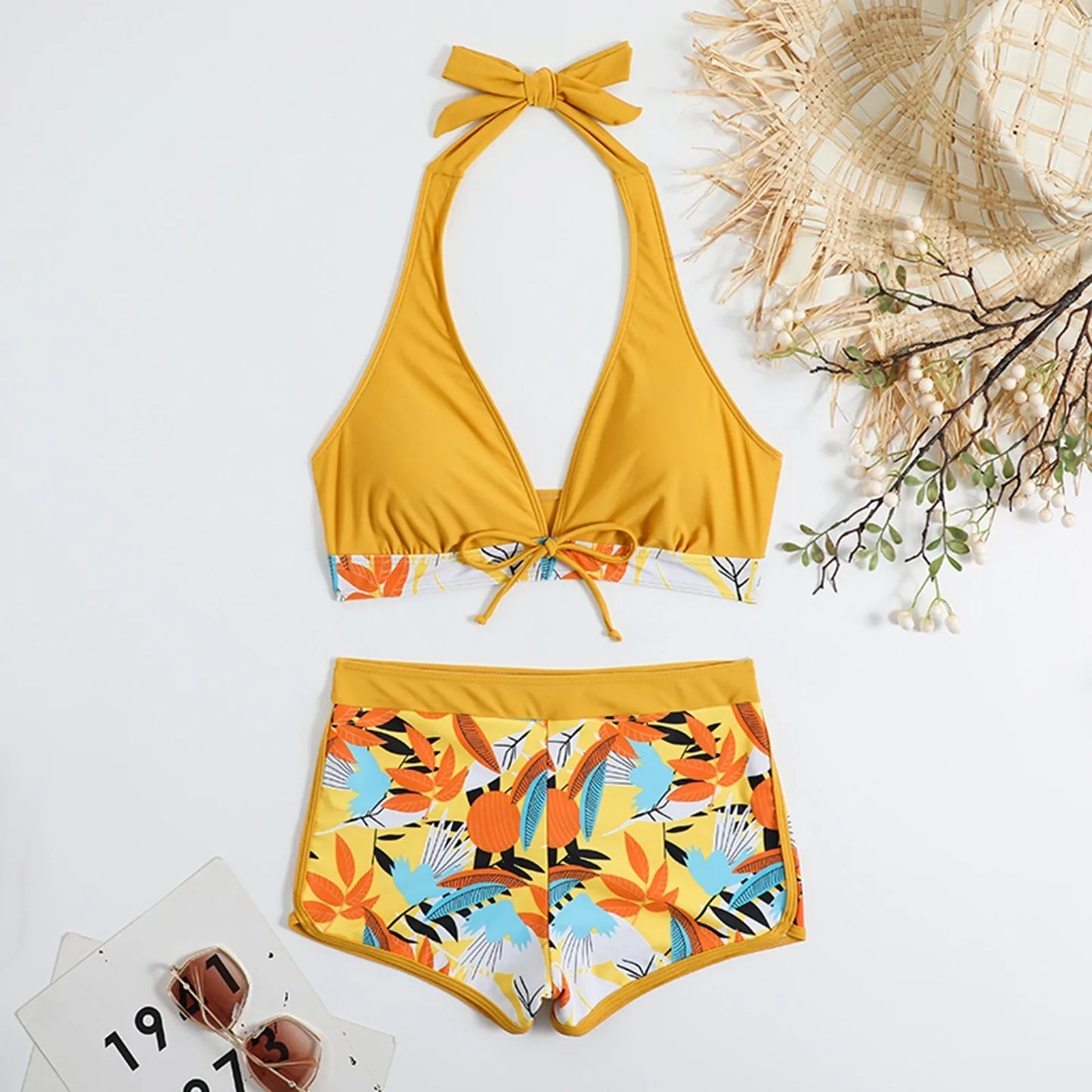 Women's Paneled Printed Swimsuit Ladies Fashion Sexy Split Boxer High Waist Swimsuit Two-Piece Set V-Neck Bathing Suits Female
