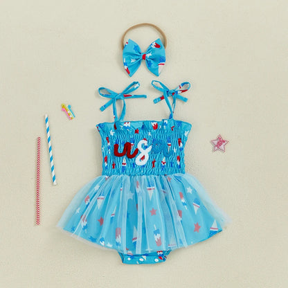 Infant Girls Patriotic Romper Dress with Sleeveless Design Embroidered Letters and Matching Headband for Independence Day