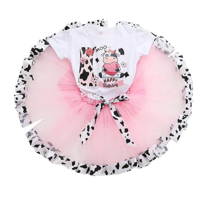 2-8Y Kids Girls Clothes Sets Girls Short Sleeved Letter Print Mesh Tutu Skirt Birthday Party Dance Performance Suits