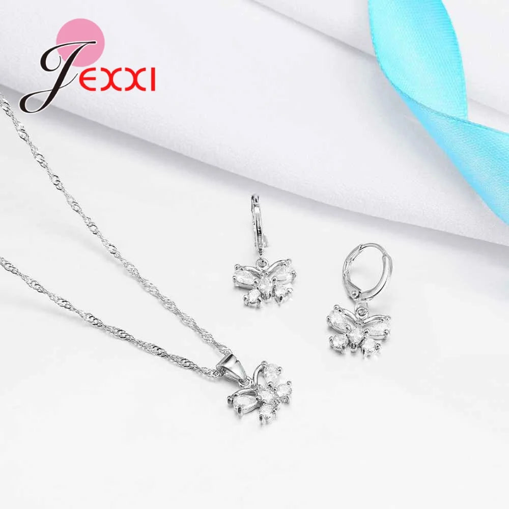 Exquisite Jewelry Sets Genuine 925 Sterling Silver Color Zircon Pendant Necklace Earrings for Women Crystal Bowknot Bijoux