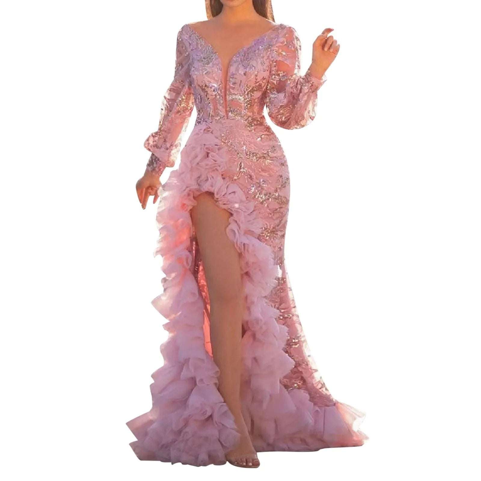 Women's Deep V-Neck Prom Dress Female Evening Gowns Long Sleeve Sequined Glitter Ruffles Split Maxi Dress Puffy Party Dress