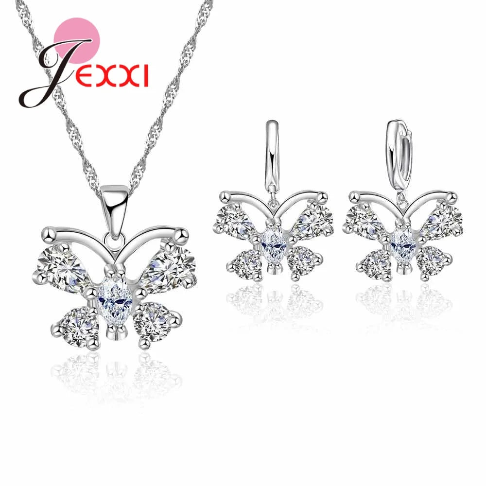 Exquisite Jewelry Sets Genuine 925 Sterling Silver Color Zircon Pendant Necklace Earrings for Women Crystal Bowknot Bijoux