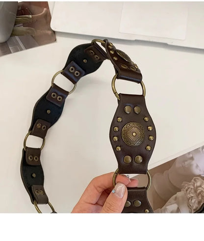 N Retro Ethnic Belt Y2K Bohemian Dress With a Wide Brown Belt