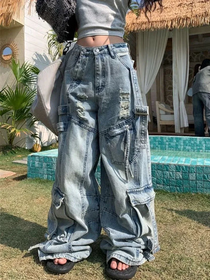 American Fashion Trends Joker Tooling Pocket Baggy Jeans Female Street Y2K New Hip Hop Oversized Wide-leg Pants Unisex Jeans