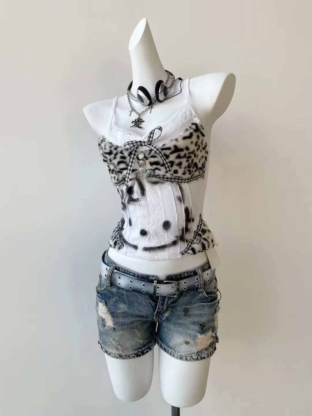 Vintage Hottie Halter Tank Tops Subculture Leopard Patchwork Vest Women's Kawaii Kitten Print Slim Y2K Crop Tops Women Clothes