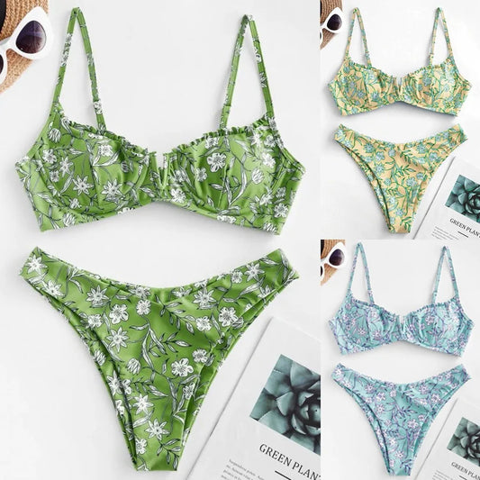 Beach Swimsuits Women Floral Printed Bikinis Set Push Up Bra Split Tankinis Set Summer 2pcs Sexy Bikinis Female Boho Beachwear