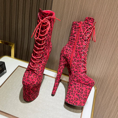 Sexy Fetish Leopard 20cm/8Inch Women's high-heeled Ankle Boots Lace-up Zip Platform Suede Pole Dance Shoes Large Size 44 WESTERN