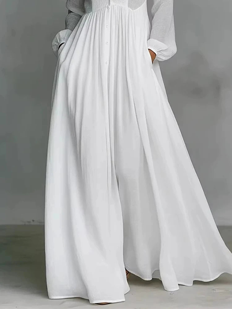 Spring Women's Standing Collar Long Sleeved Loose Dress White Button Pockets Holiday Robe Dress Fashion Pleated High Waist Dress
