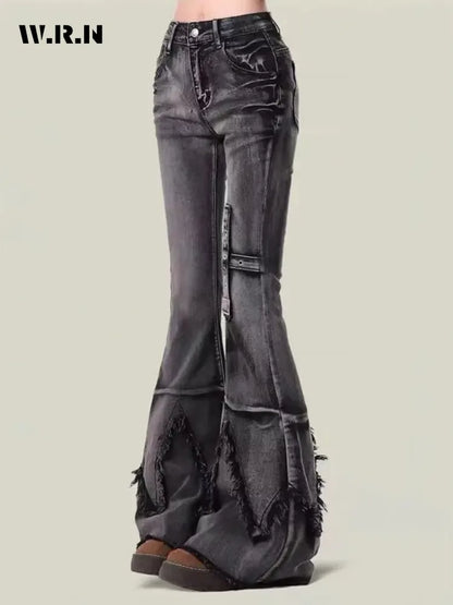 New retro slim-fitting women pants Y2k fashion trendy wasteland trousers legs furrow stretch jeans for women