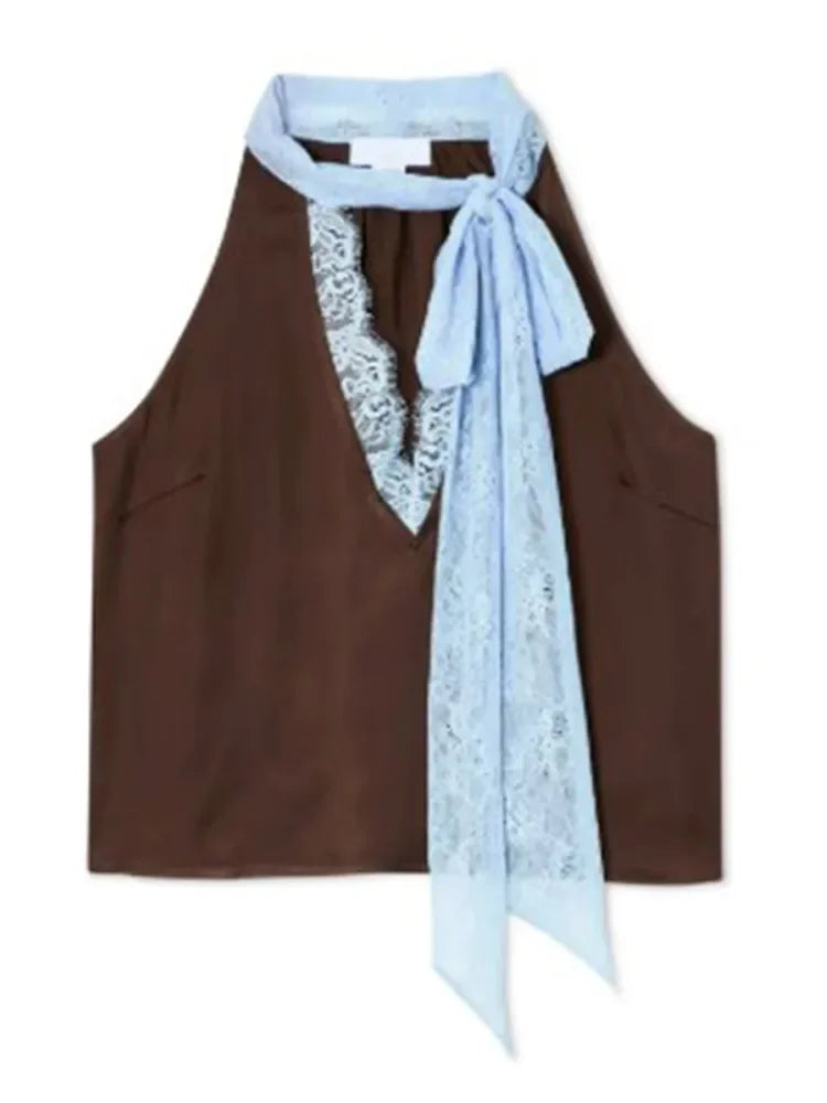 Contrast Patchwork Lace Maxi Skirt Suit Women Satin V-neck Sleeveless Skirts Suits 2025 Lady Summer Casual Daily 2 Pieces Set