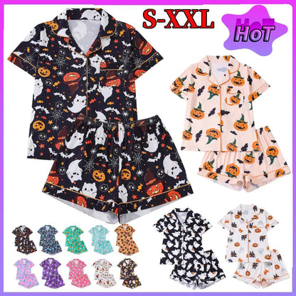 Women Halloween Pumpkin Bat Print Pajama Set,Breathable Lapel Loungewear Short-Sleeved Roll-Neck Shirt and Loose Shorts S-XXL