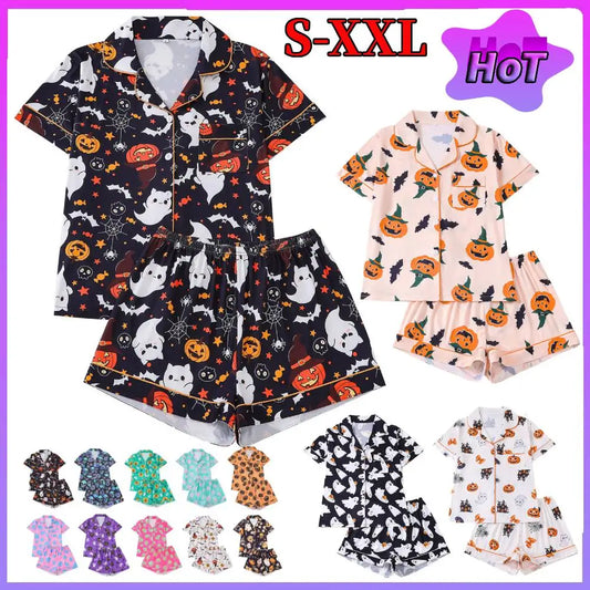 Women Halloween Pumpkin Bat Print Pajama Set,Breathable Lapel Loungewear Short-Sleeved Roll-Neck Shirt and Loose Shorts S-XXL