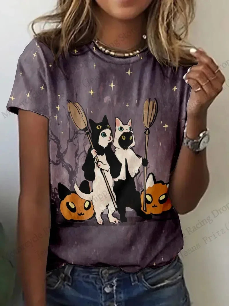 Halloween 3D print t-shirt women featuring cute cats and pumpkins for festive style