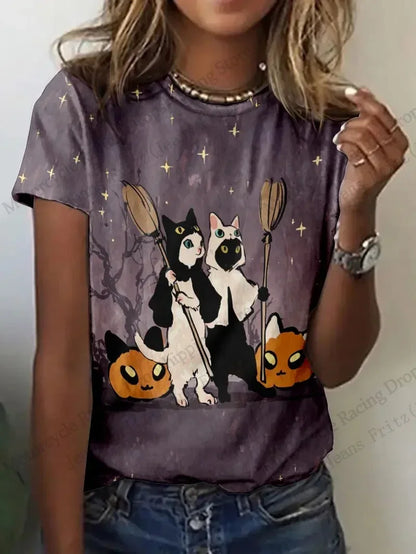 Halloween 3D print t-shirt women featuring cute cats and pumpkins for festive style