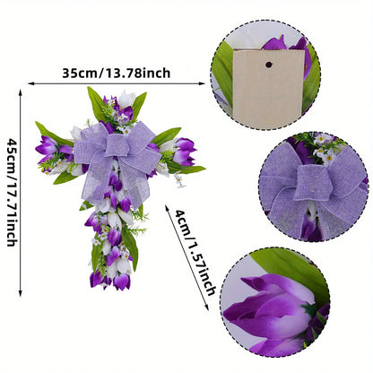 Tulip Crosses Wreath for Front Door Artificial Spring Easter Religious Crosses Wreath Sign Christian Easter Crosses
