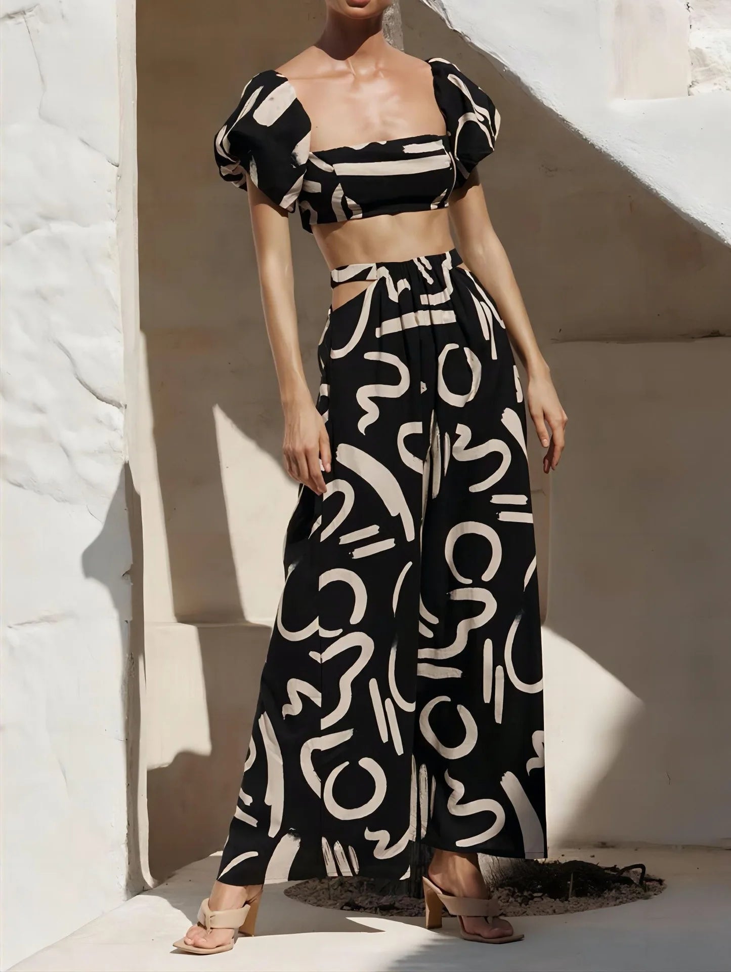 Two Piece Sets Fashion New Print Solid Color Puff Sleeve Zipper Breast Wrap Crop Top & Hollow Out Waist Big Hem Dress Suits Lady