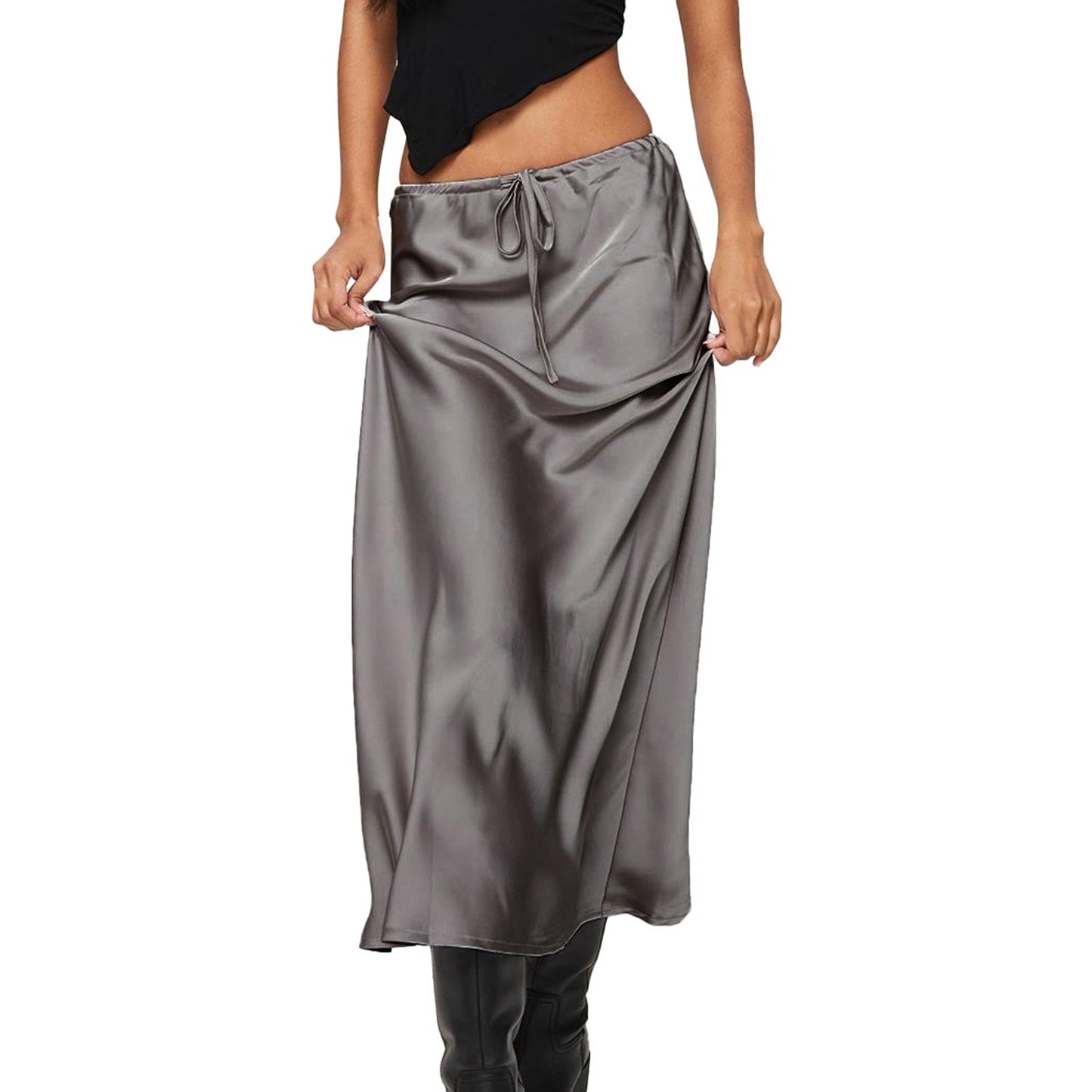 Women'S Solid Color Satin Long Dress High Waist Drawstring Dress Maternity Skirts Reflective Dress Trailing Dress Ropa De Mujer