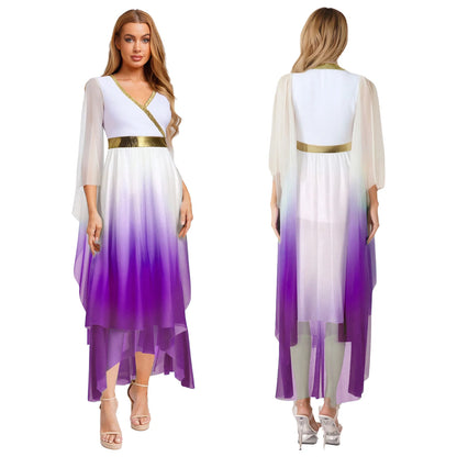 Women Halloween Ancient Greek Goddesses Queen Cosplay Costume Roman Toga Gold Trim Cape Tunic Dress Church Choir Worship Robe