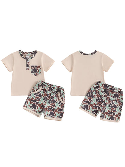 Boys Casual Summer Outfits Short Sleeve T-Shirts and Camouflage Shorts Set with Elastic Waistband for Toddlers 2 Pieces