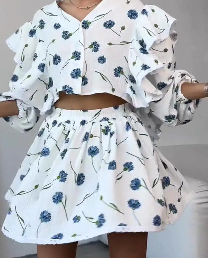 Spring And Summer New Fashion Ruffle Edge Long Sleeved Printed Shirt + Elastic Waist Short Skirt Set For Women,4 Colors