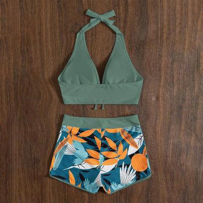Women's Paneled Printed Swimsuit Ladies Fashion Sexy Split Boxer High Waist Swimsuit Two-Piece Set V-Neck Bathing Suits Female