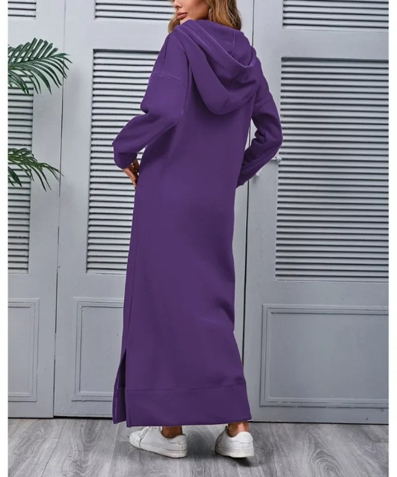 Autumn and Winter New Loose Size Knitted Hooded Long Dress Plush Casual Fashion Dress Large Pocket Skirt Women's Wear