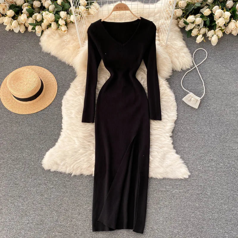 Autumn Winter Sexy High Split Sweater Dress Women Full Sleeve Basic Slim Elastic Bodycon Long Dress Party Vestidos