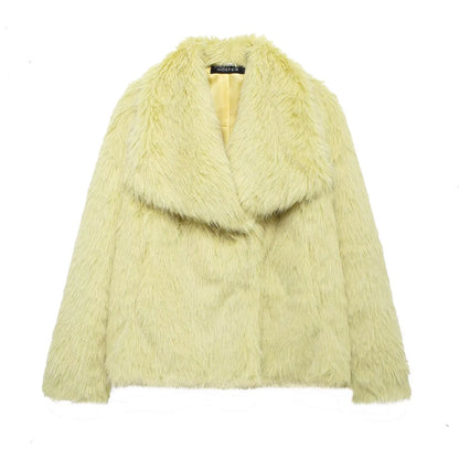 HH Winter Women Elegant Warm Plush Coat Turn-Down Collar Thick Cardigan Coat Female Pocket Long Sleeve Short Outerwear Mujer