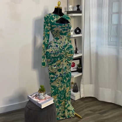 CM.YAYA Women Draped V-neck Cutout Front Ruched Stacked Bodycon Midi Long Maxi Dress 2025 Night Club Party Vestidos Sexy Dresses