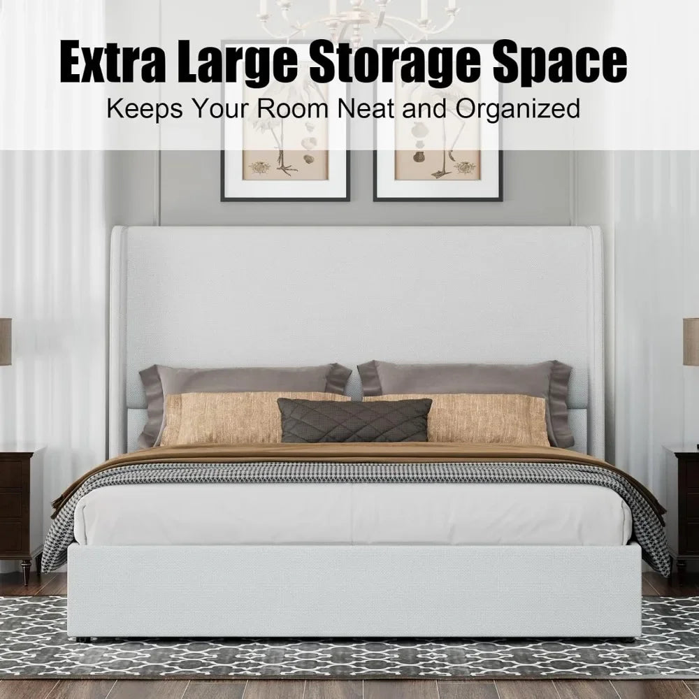 Lift Up Storage Bed  Linen Upholstered Platform Bed Frame/Hydraulic Storage/Modern Wingback Headboard/No Box Spring Needed