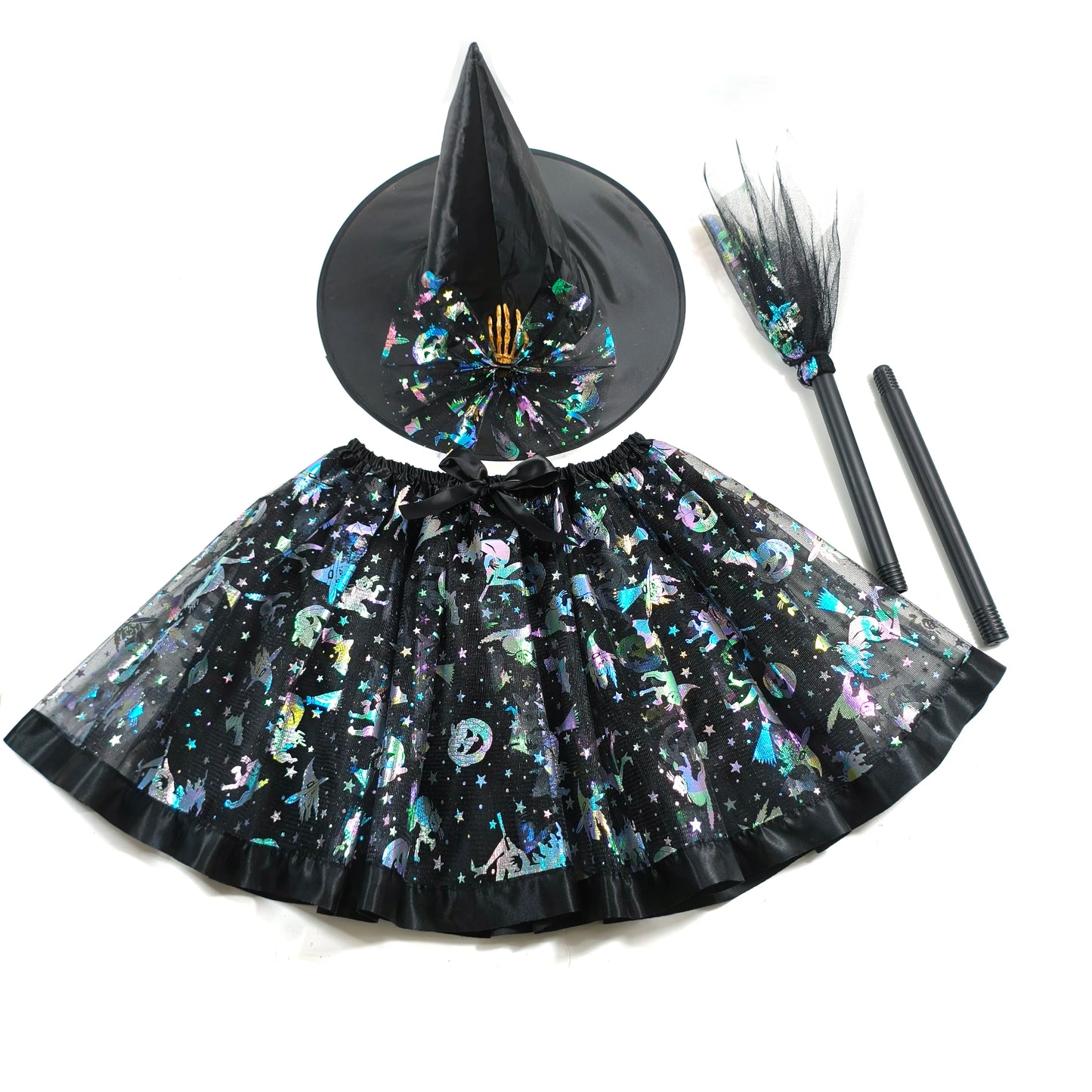 Halloween Adults Women Bat Pumpkin Witch Costume Set Tulle Skirt Hat Broom Skirt 3pcs/set,for Halloween Carnival Party Cosplay