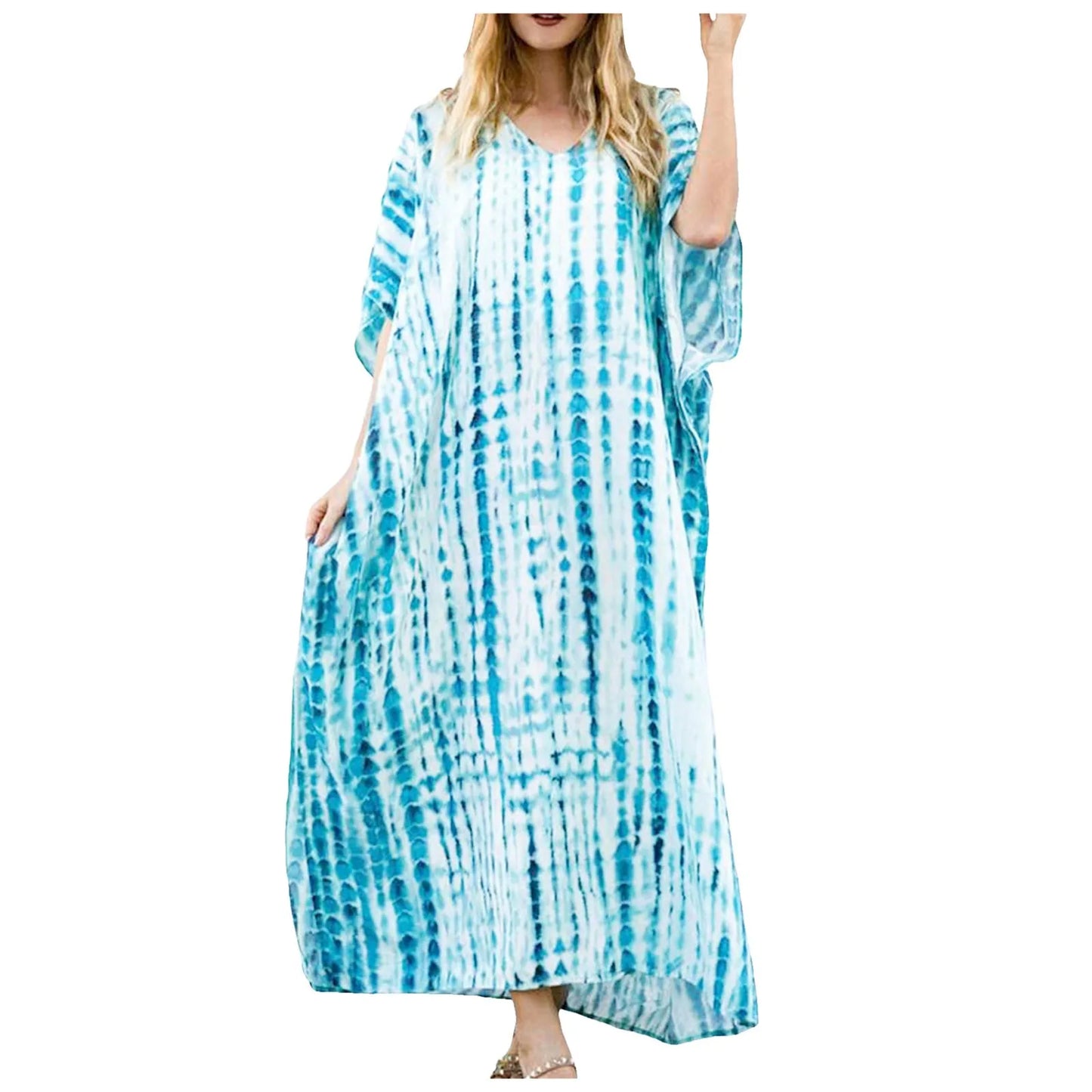 Womens Plus Size Kaftans Casual V Neck Puff Sleeve Boho Loose Floral Long Soft Beach Maxi Summer Swing Party Dresses For Women