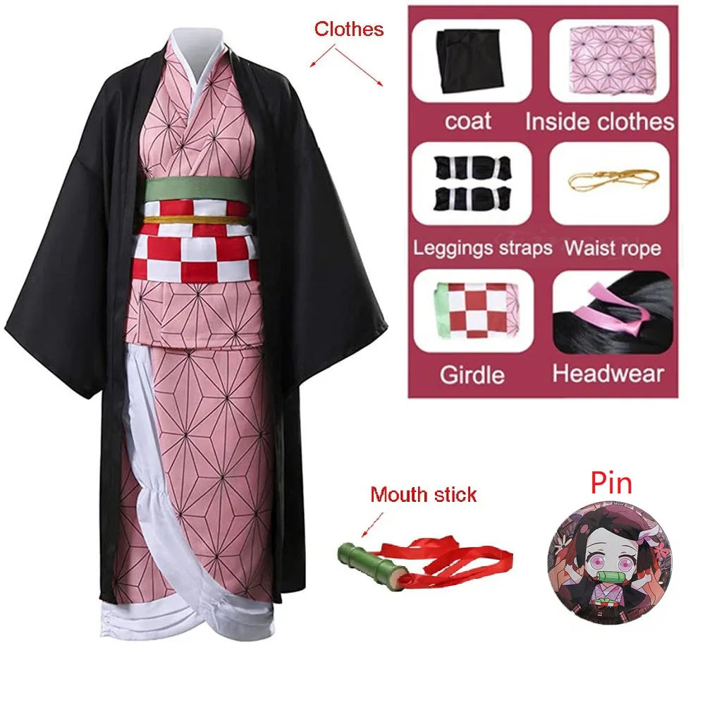 Demon Slayer Nezuko cosplay costume featuring a layered kimono, leggings straps, and headwear accessories